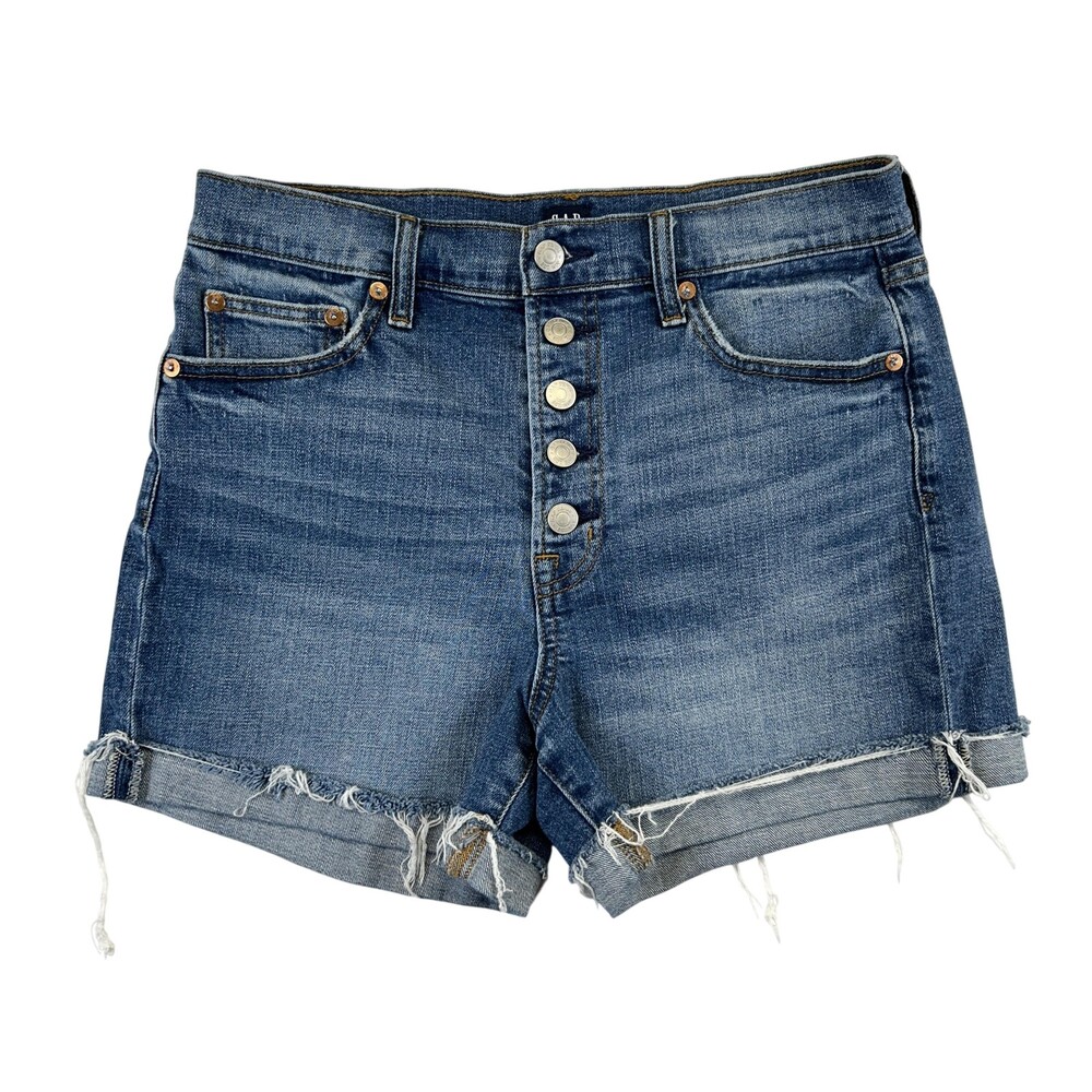 Gap Denim Shorts Womens 28 High Rise 4" Short Button Fly Cutoff Raw Hem Blue